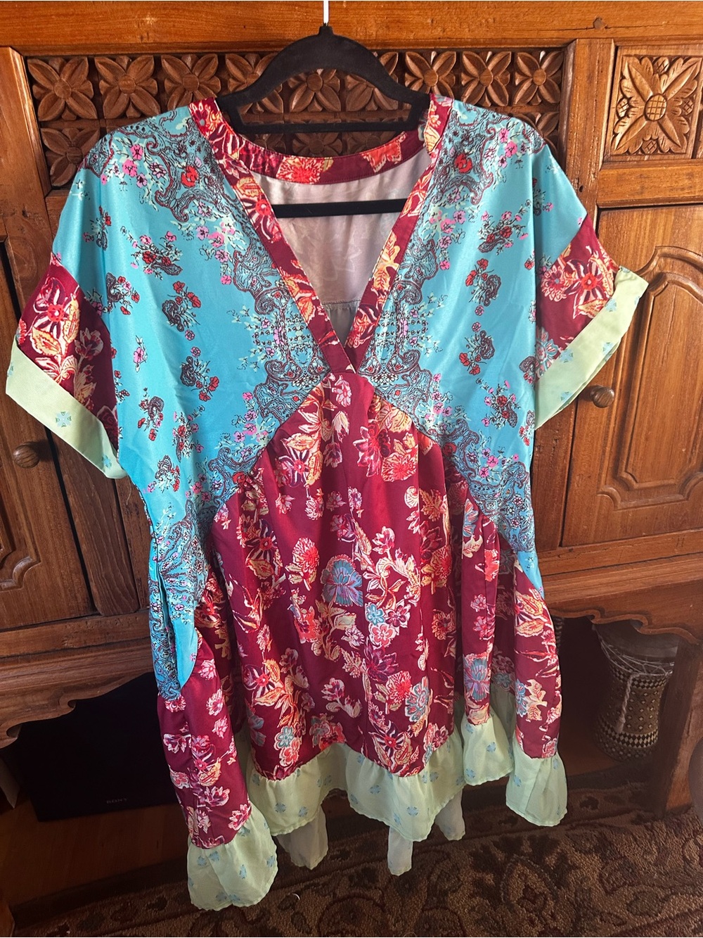 Tunic.  Patchwork, pockets, Turquoise Botanical Print